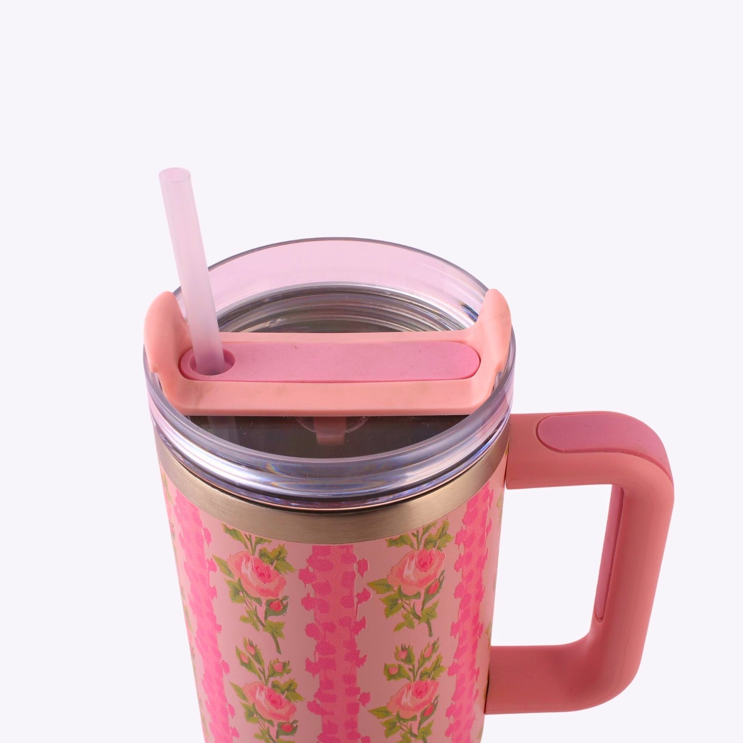 Custom Engraved Floral Tumbler – 40 oz Pink Rose Stainless Steel Mug with Handle & Straw