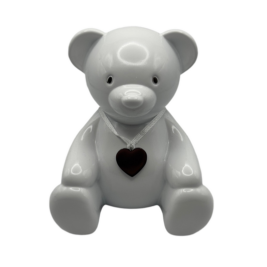 Engraved Teddy Bear Piggy Bank – Personalized White Ceramic Money Box with Heart Pendant for Baby Showers, Birthdays & Keepsakes
