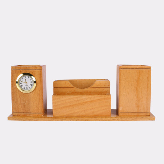 Custom Wooden Desk Organizer with Clock – Personalized Pen & Card Holder for Office Gifts