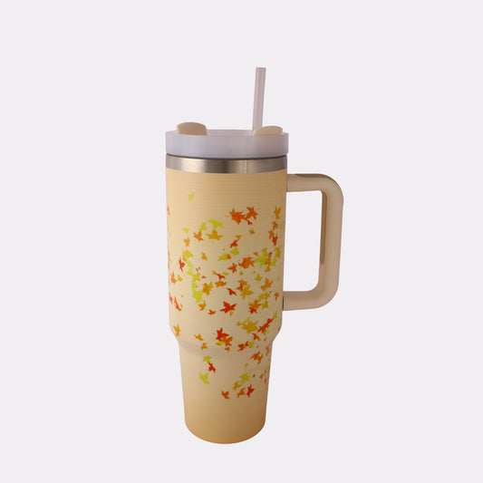 Custom Engraved Autumn Leaf Tumbler – 40 oz Beige Stainless Steel Insulated Mug with Handle & Straw