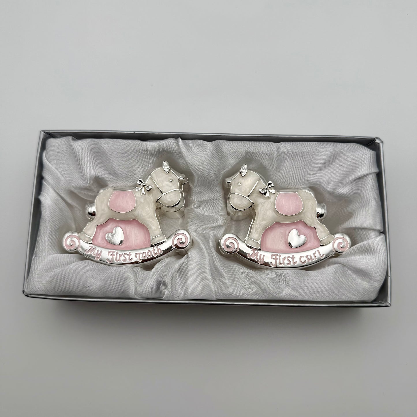 Engraved Baby Keepsake Box Set – Pink Rocking Horse “My First Tooth & Curl” | Personalized Baby Gifts Canada
