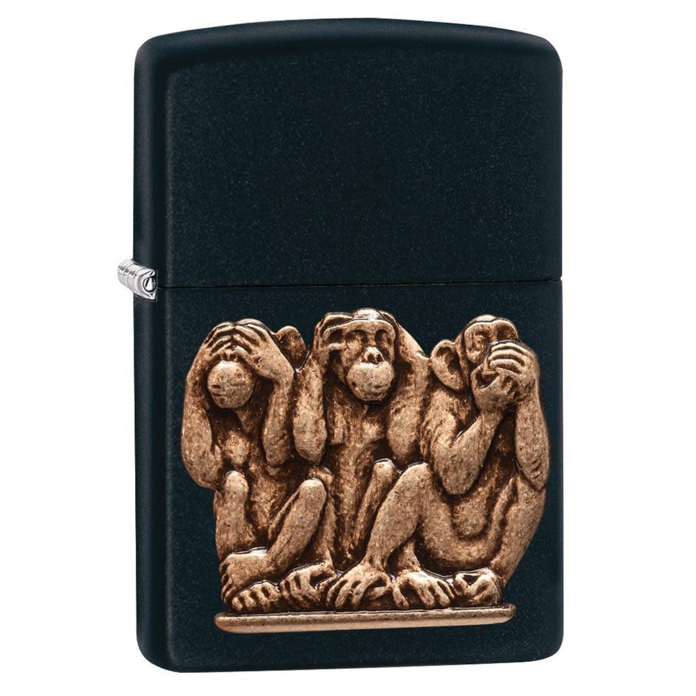 Three Monkeys Zippo Lighter – Matte Black with Solid Brass Design | Custom Engraved Collectible Canada