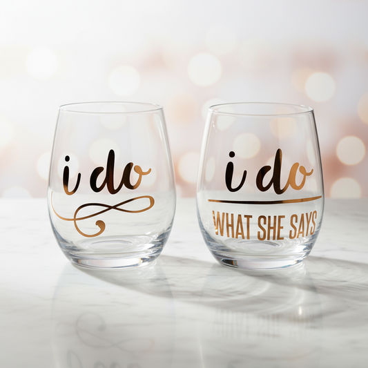 Engraved Wedding Glasses Set – “I Do & I Do What She Says” Funny Couples Wine Glasses | Personalized Bridal Shower & Anniversary Gift Canada