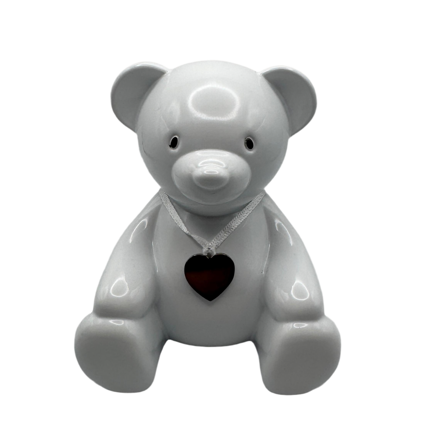 Engraved Teddy Bear Piggy Bank – Personalized White Ceramic Money Box with Heart Pendant for Baby Showers, Birthdays & Keepsakes
