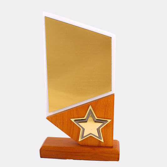 Geometric Star Trophy – Custom Engraved Award with Gold Plate & Wooden Finish