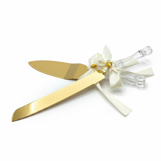Wedding Cake Knife and Server Set – Gold Blade with Crystal Handle & Ribbon | Personalized Engraved Wedding Gifts Canada | Elegant Cake Cutting Set for Couples