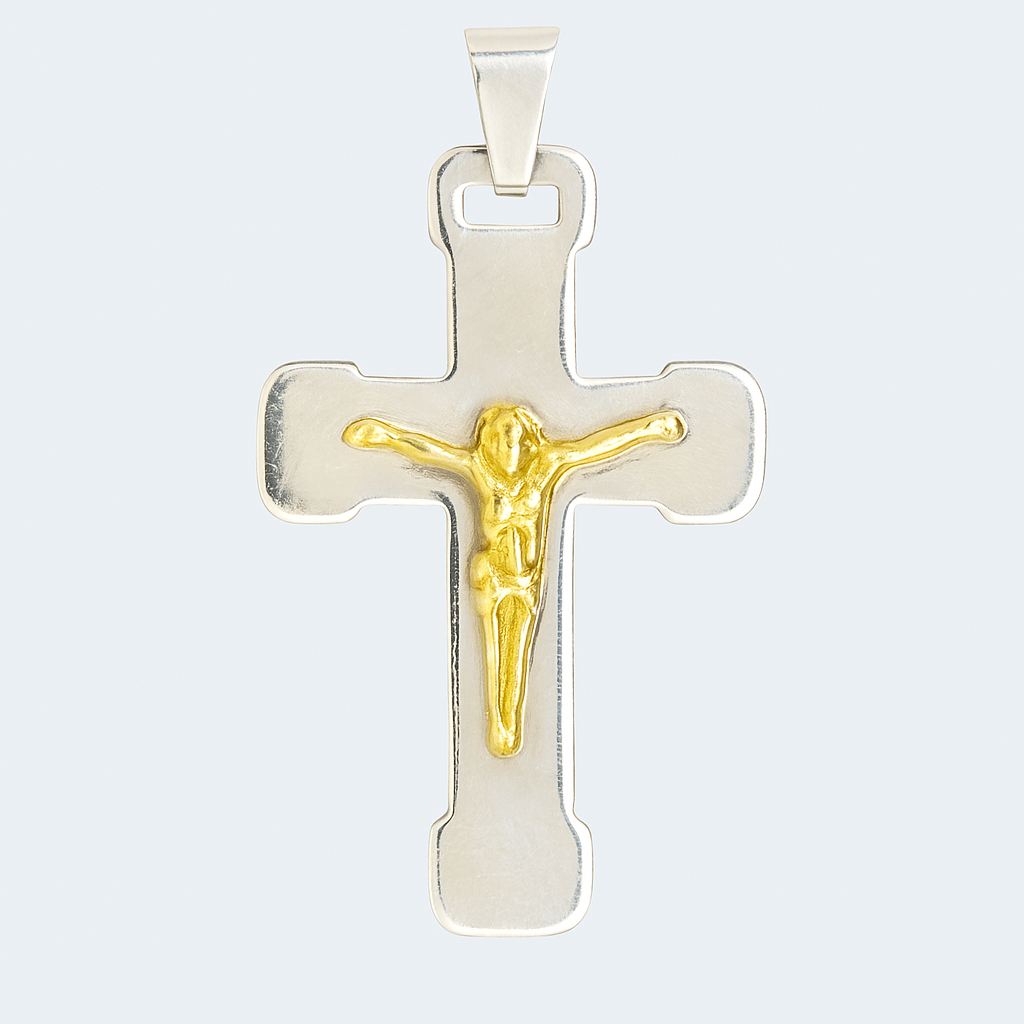 Engraved Crucifix Pendant – Stainless Steel & Gold Jesus Cross Necklace for Men or Women