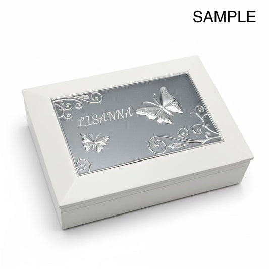 Personalized Jewelry Butterfly Mirror-Lid Jewelry Box – White with Velvet Interior