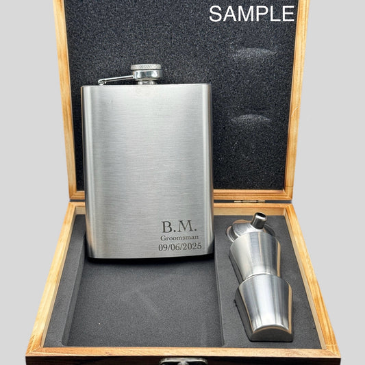Personalized Classic Stainless Steel Flask Gift Set in Wooden Box – Custom Engraved Drinkware & Gift for Him