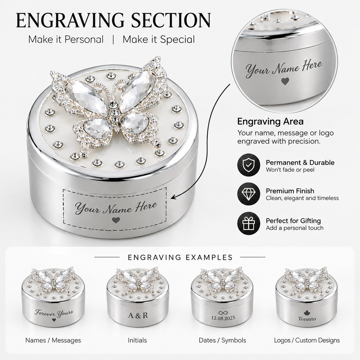 Personalized Silver Butterfly Jewellery Box – Custom Engraved Keepsake Gift Engravables
