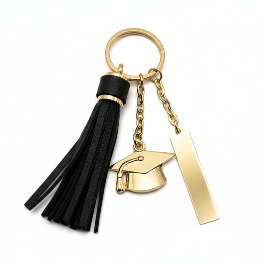 Personalized Graduation Tassel Keychain with Engraved Name Plate – Class of 2026 Gift