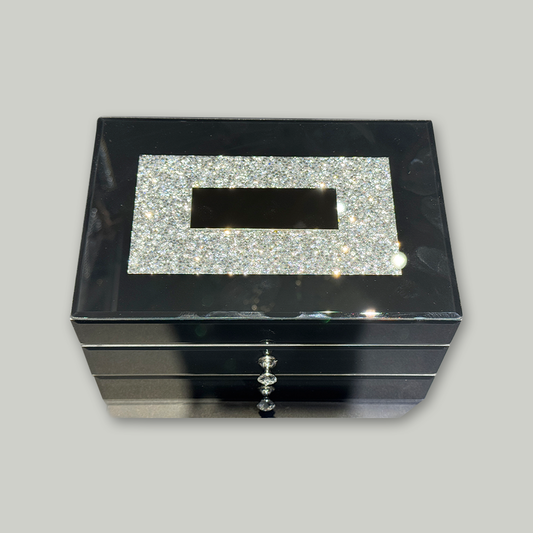 Personalized Black Glass Jewelry Box with Glitter Top – 2-Drawer Organizer with Crystal Knobs