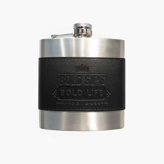 Engraved Stainless Steel Flask – Leather Wrapped “Bold Sips” Personalized Gift for Him