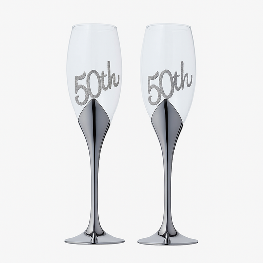 50th Anniversary Champagne Glasses – Elegant Silver Flutes, Custom Engraved Gift Set