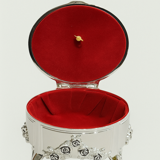 Engraved Ornate Silver-Plated Jewelry Box with Velvet Lining – Rose Design Keepsake