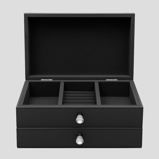 Personalized Black Glass Jewelry Box with Glitter Top – 2-Drawer Organizer with Crystal Knobs