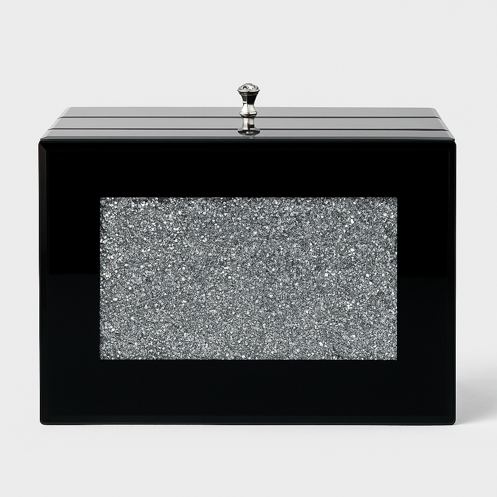 Personalized Black Glass Jewelry Box with Glitter Top – 2-Drawer Organizer with Crystal Knobs