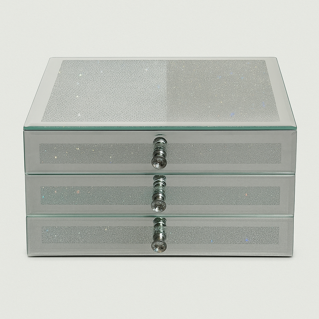 Crystal Sparkle Mirrored Jewelry Box – 3-Drawer Organizer with Velvet Lining