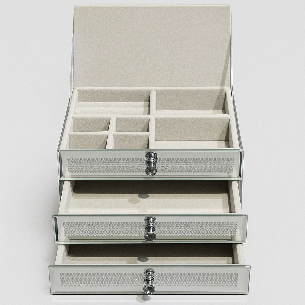 Crystal Sparkle Mirrored Jewelry Box – 3-Drawer Organizer with Velvet Lining