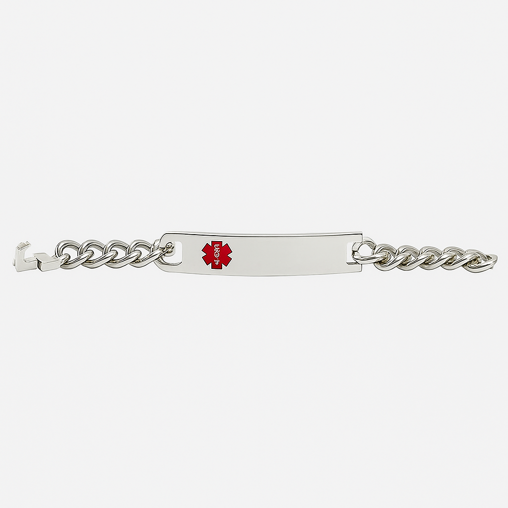 Stainless Steel Medical Alert Bracelet – Engraved Emergency ID with Curb Chain