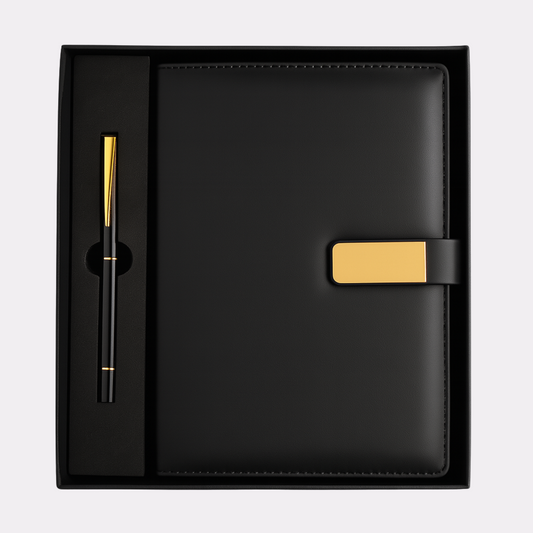 Luxury Black Diary & Gold Pen Gift Set – Personalized Engraving Available