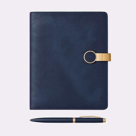 Custom Engraved Blue Leather Diary & Pen Gift Set – Luxury Journal with Gold Clasp for Corporate, Office & Personal Gifting Canada