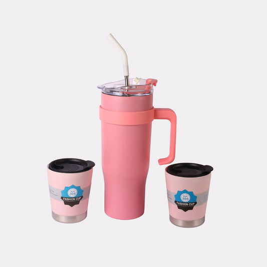 Best Custom Engraved Pink Tumbler Set in Canada – 3-Piece Insulated Stainless Steel Coffee Mugs with Straw & Handle