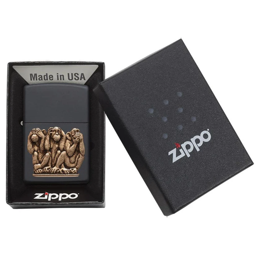 Three Monkeys Zippo Lighter – Matte Black with Solid Brass Design | Custom Engraved Collectible Canada