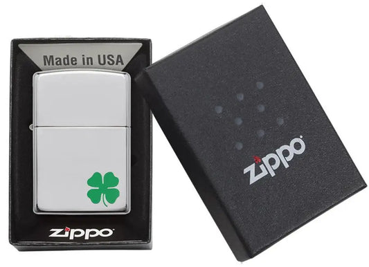 A Bit O’Luck chrome Zippo lighter displayed in gift box
