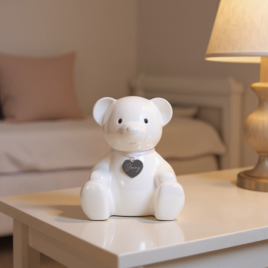 Engraved Teddy Bear Piggy Bank – Personalized White Ceramic Money Box with Heart Pendant for Baby Showers, Birthdays & Keepsakes