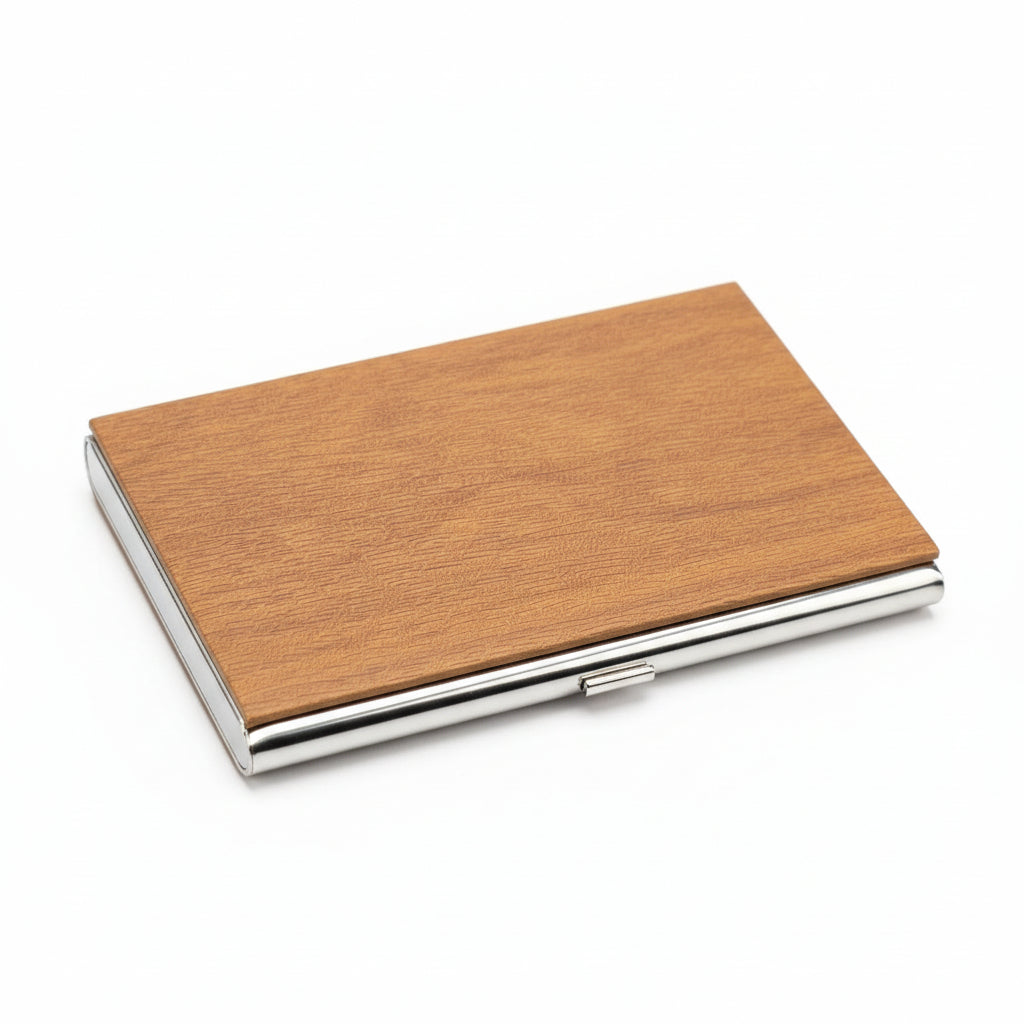 Engraved Business Card Holder – Golden Maple Wood & Steel