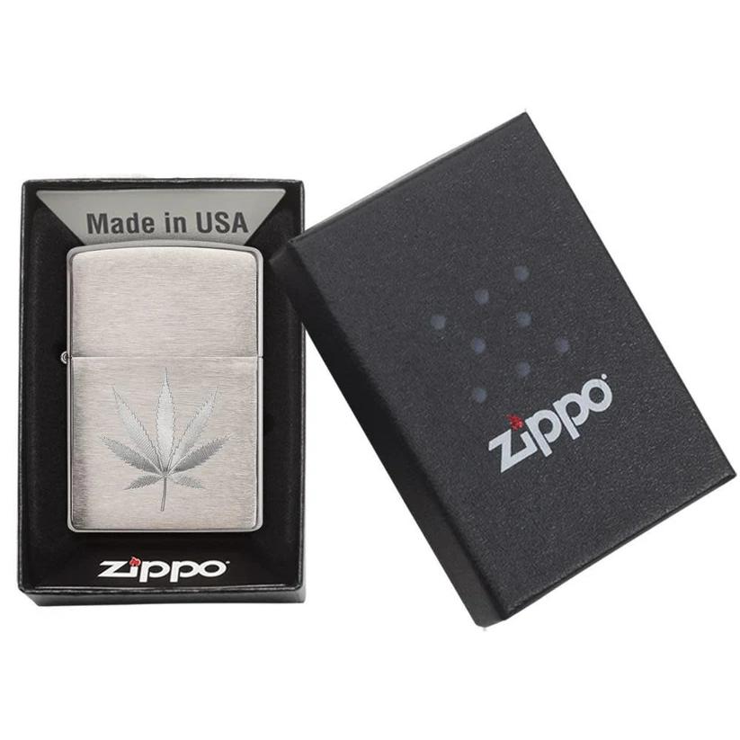 Engraved Zippo Lighter – Chrome Marijuana Leaf Design | Custom Gift for Smokers – Made in USA