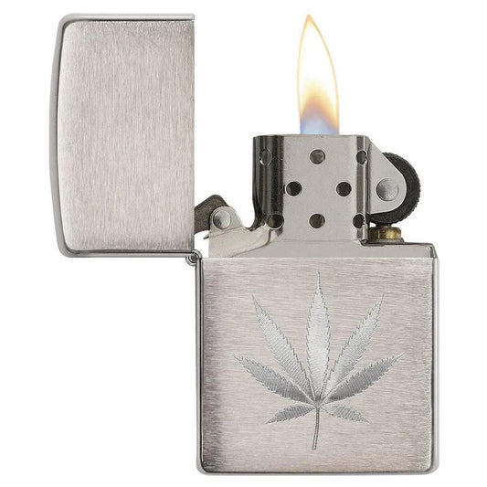 Engraved Zippo Lighter – Chrome Marijuana Leaf Design | Custom Gift for Smokers – Made in USA