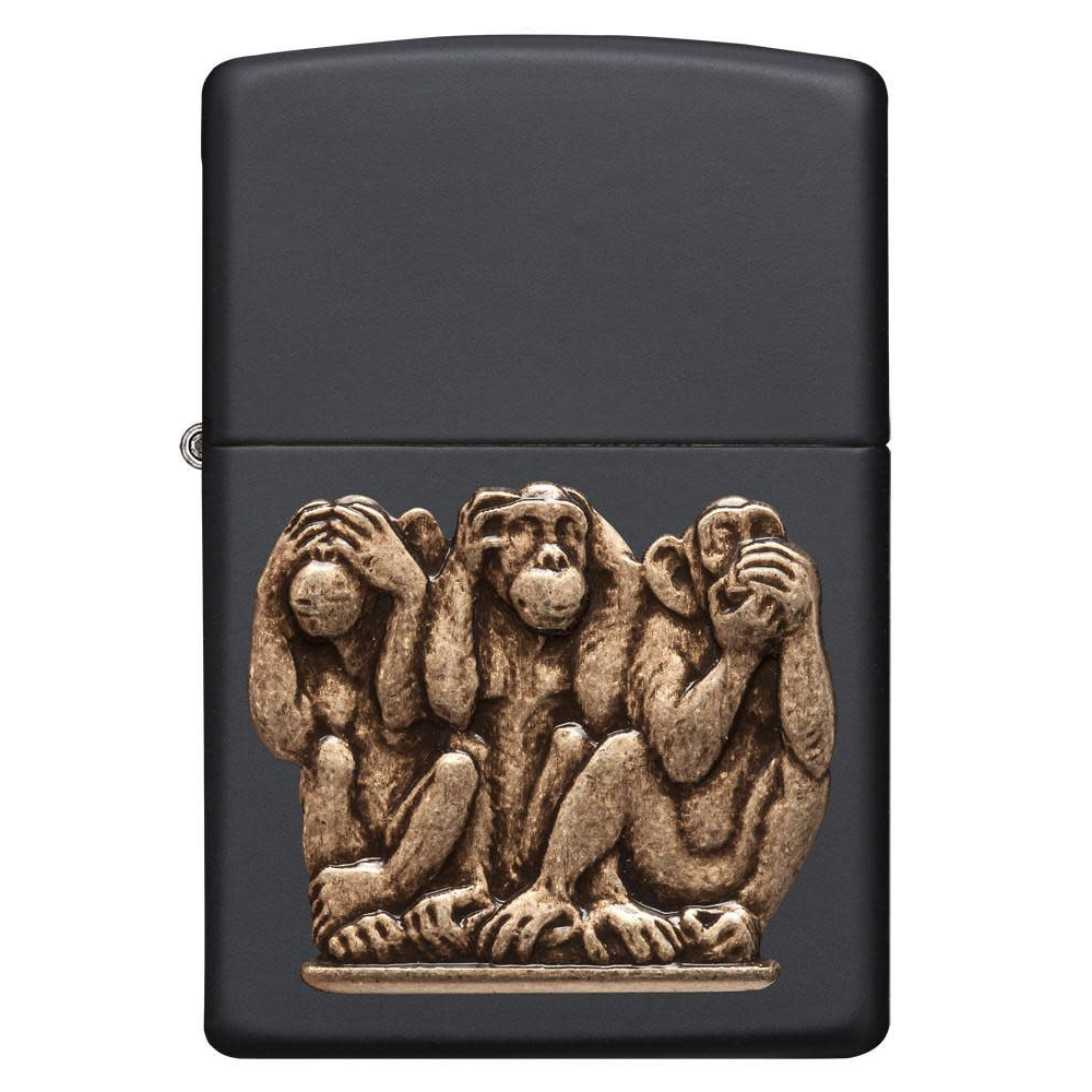 Three Monkeys Zippo Lighter – Matte Black with Solid Brass Design | Custom Engraved Collectible Canada
