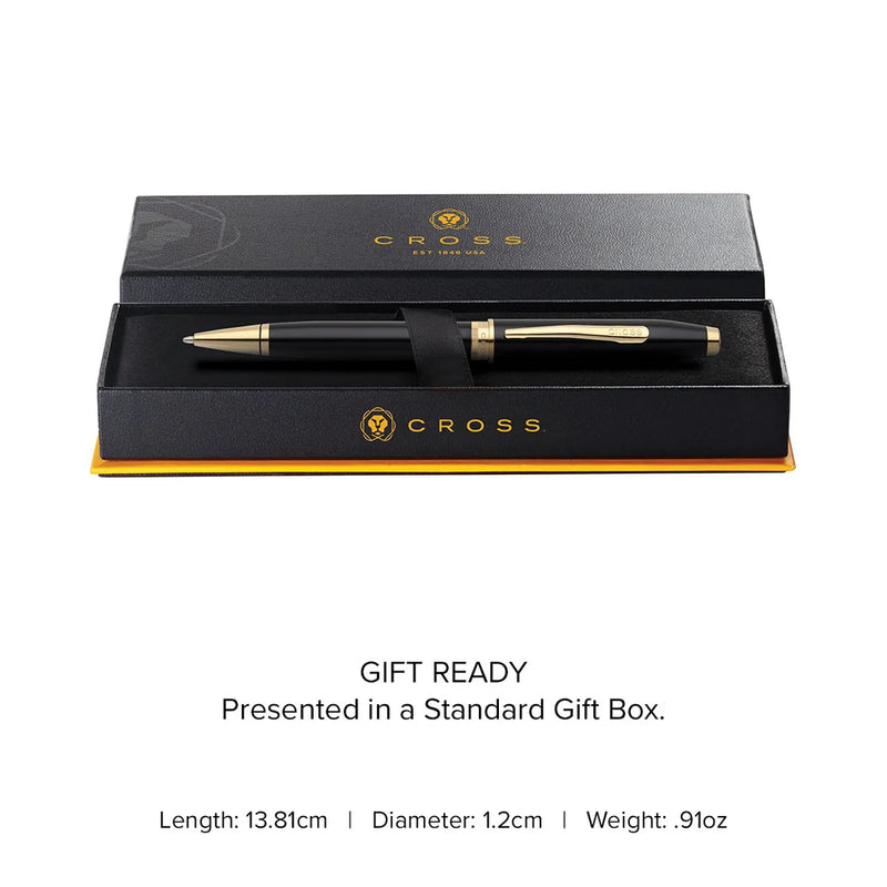 Cross Foundry Glossy Black Lacquer Ballpoint Pen with PVD Gold Appointments – Personalized Engraved Gift Engravables