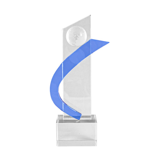 Personalized Crystal Globe Trophy with Blue Accent – Custom Engraved Corporate Award for Global Excellence