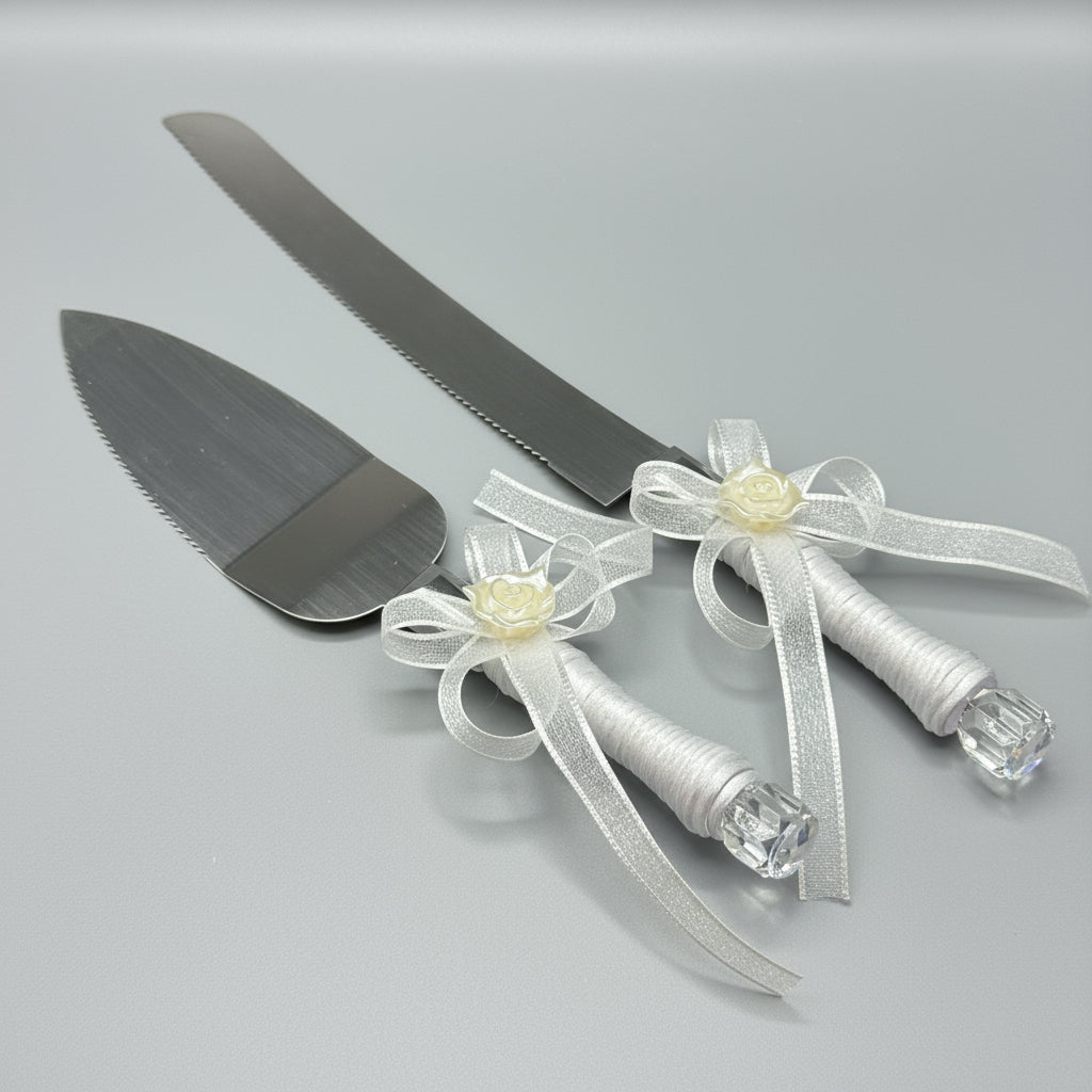 Wedding Champagne Flutes and Cake Knife Server Set – Silver Blade & Crystal Handle | Personalized Engraved Wedding Gift Set for Couples | Elegant Anniversary or Christmas Gift