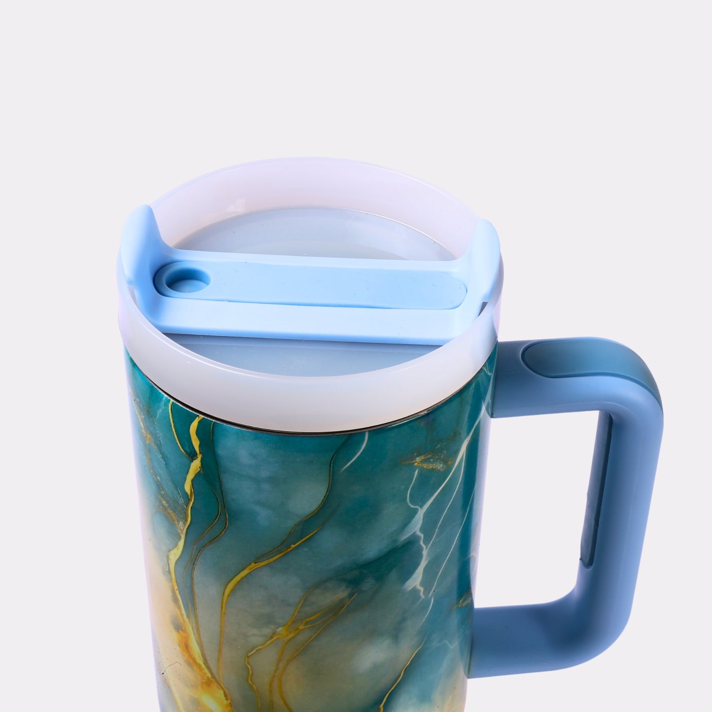 Personalized Marble Travel Tumbler – 40 oz Custom Engraved Insulated Cup with Handle & Lid (Blue & Gold Design)