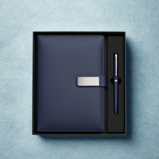 Blue Engravable Diary & Pen Gift Set – Custom Name Plate Corporate Notebook