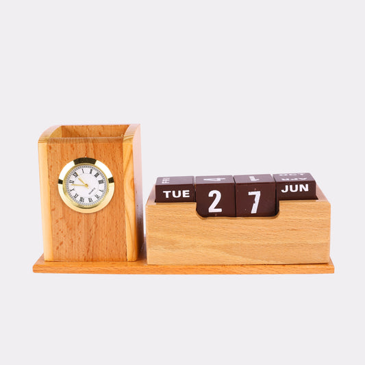Custom Wooden Desk Organizer with Clock & Perpetual Calendar – Engraved Office Gift