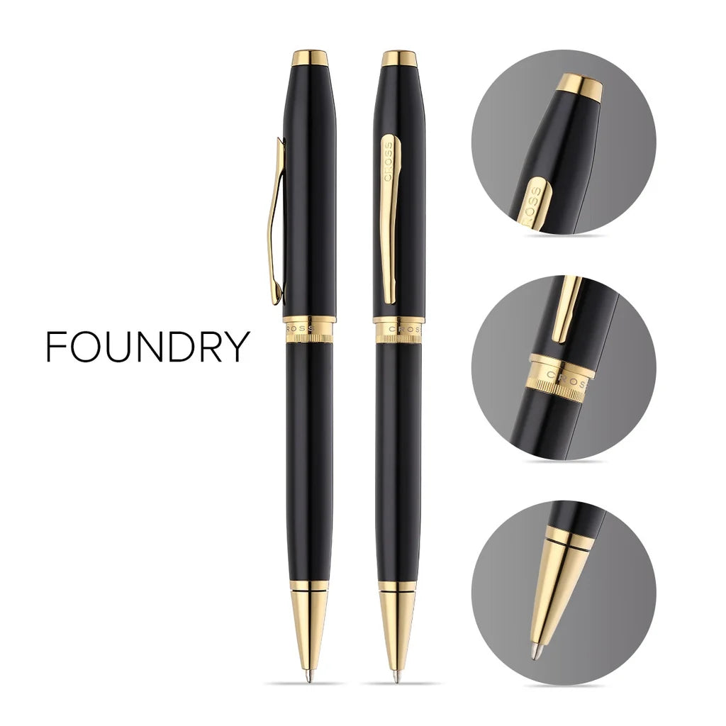 Cross Foundry Glossy Black Lacquer Ballpoint Pen with PVD Gold Appointments – Personalized Engraved Gift Engravables