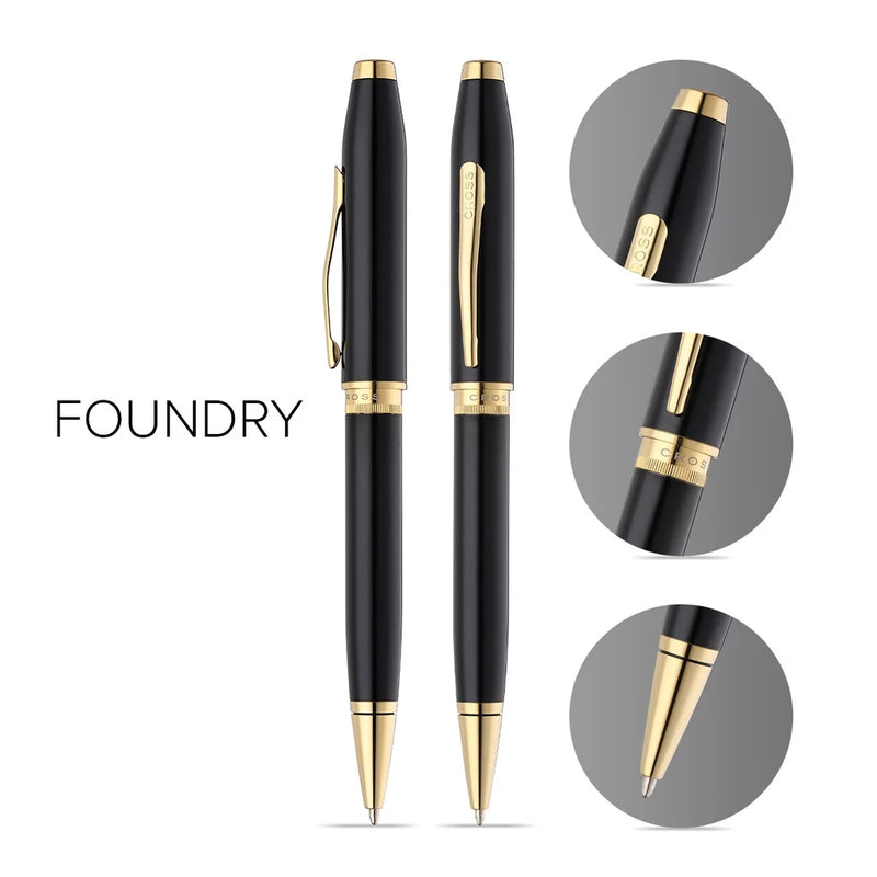 Cross Foundry Glossy Black Lacquer Ballpoint Pen with PVD Gold Appointments – Personalized Engraved Gift Engravables