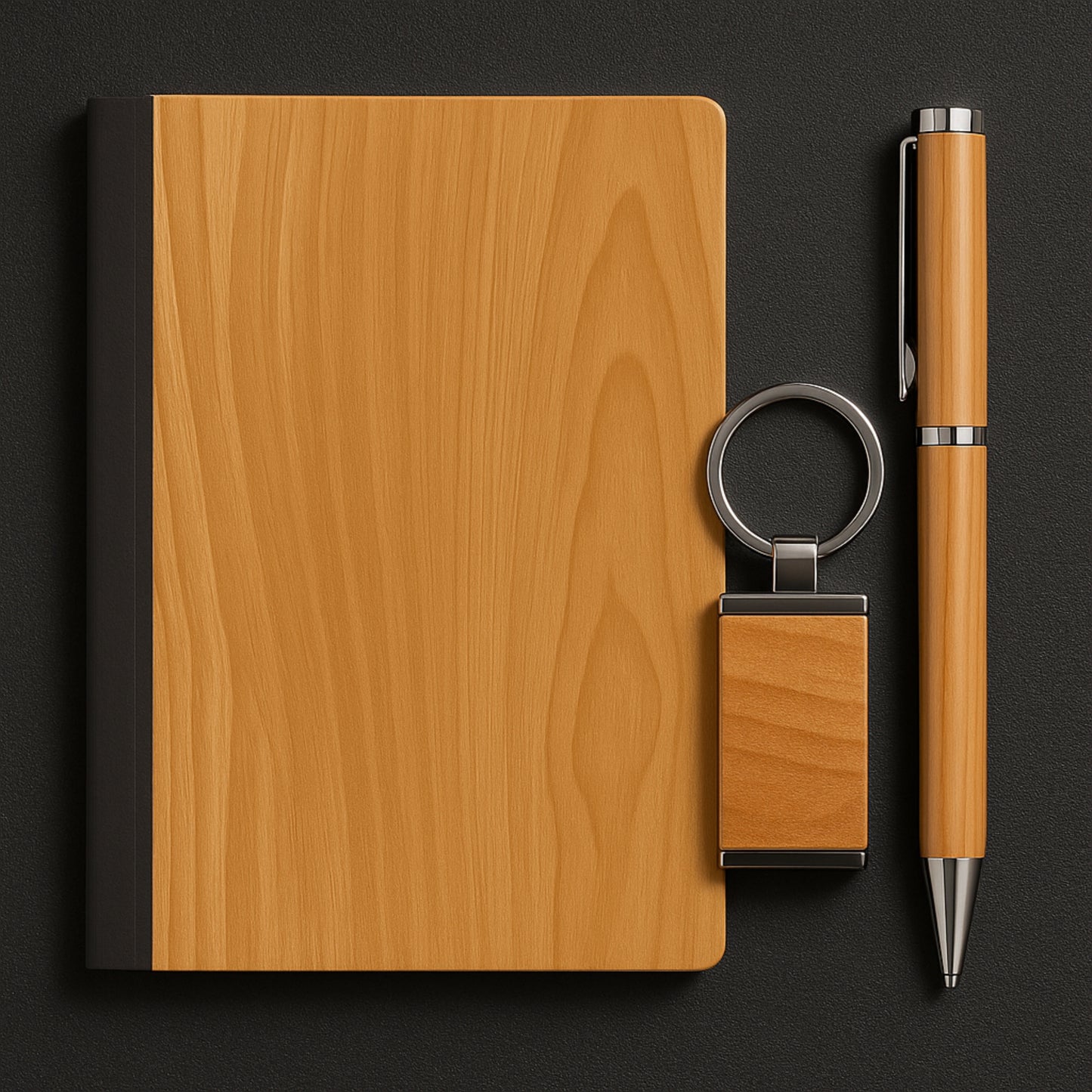 Wooden Diary & Pen Gift Set with Keychain – Custom Engraved