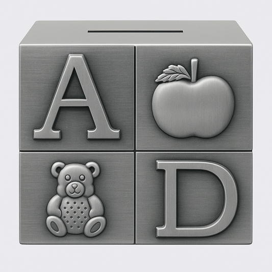 Personalized Silver Baby Block Money Bank – Alphabet & Animal Design – Custom Engraved Keepsake Gift