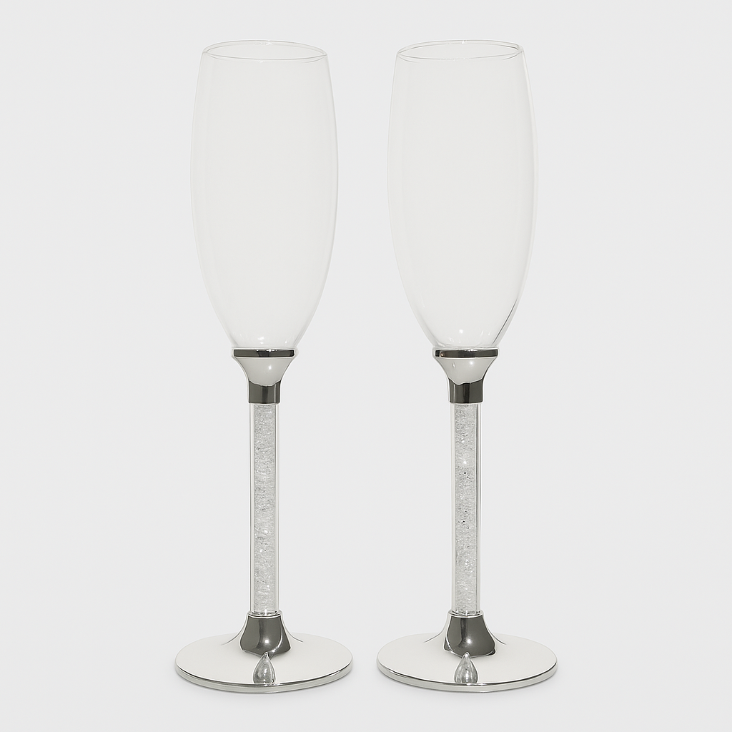 Engraved Crystal Stem Champagne Flutes – Set of 2 | Personalized Wedding Toast Glasses
