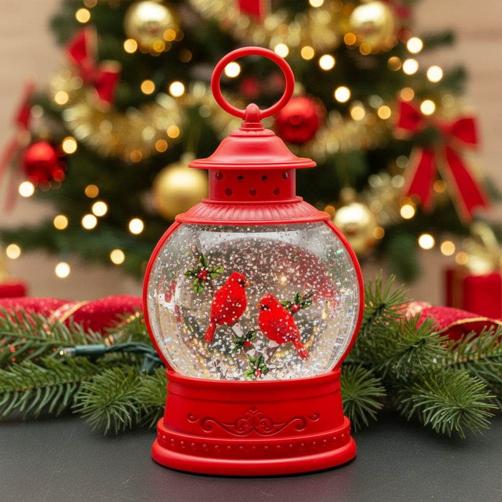 LED Christmas Snow Globe Lantern | Red Cardinal Birds | Glitter Swirling Decoration