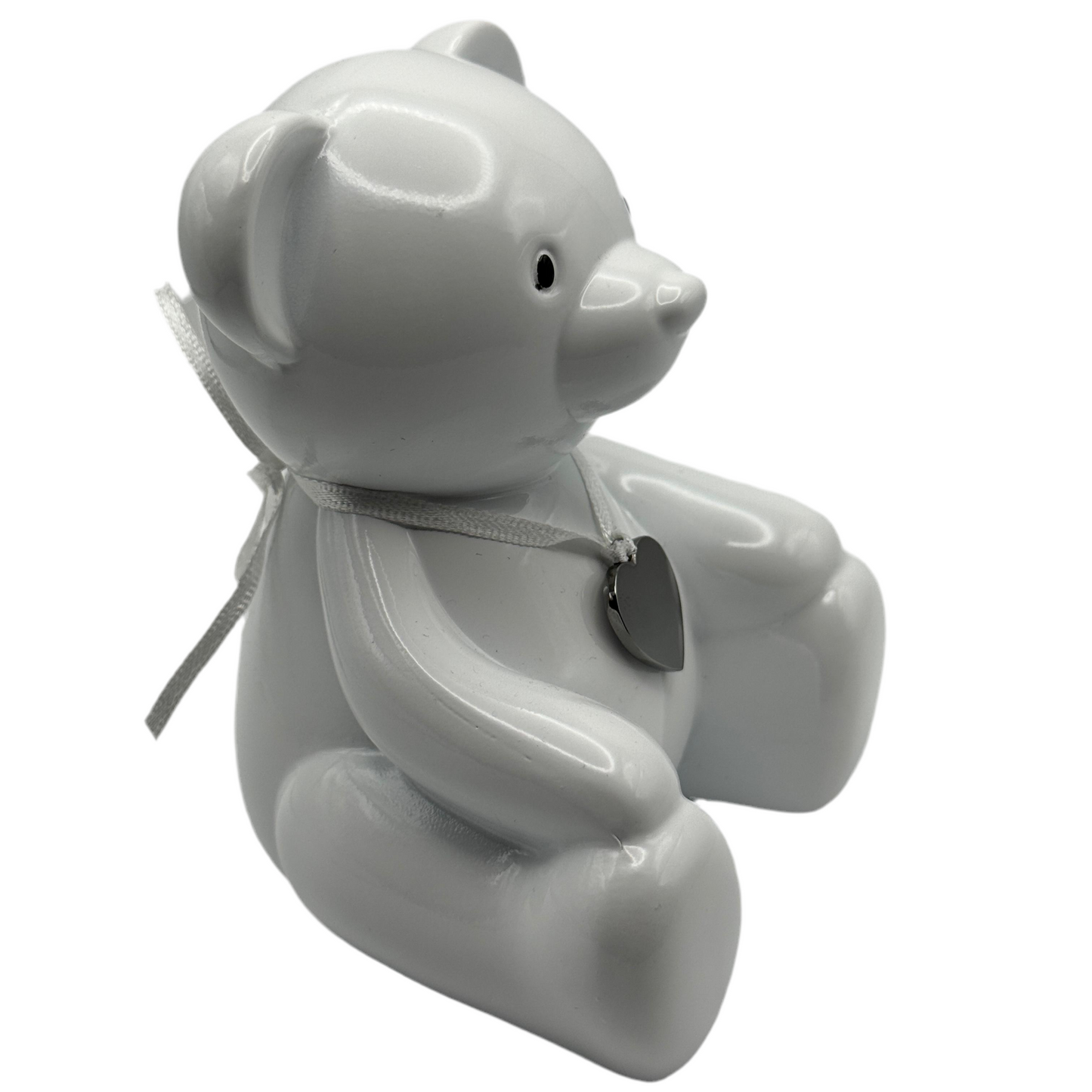 Engraved Teddy Bear Piggy Bank – Personalized White Ceramic Money Box with Heart Pendant for Baby Showers, Birthdays & Keepsakes