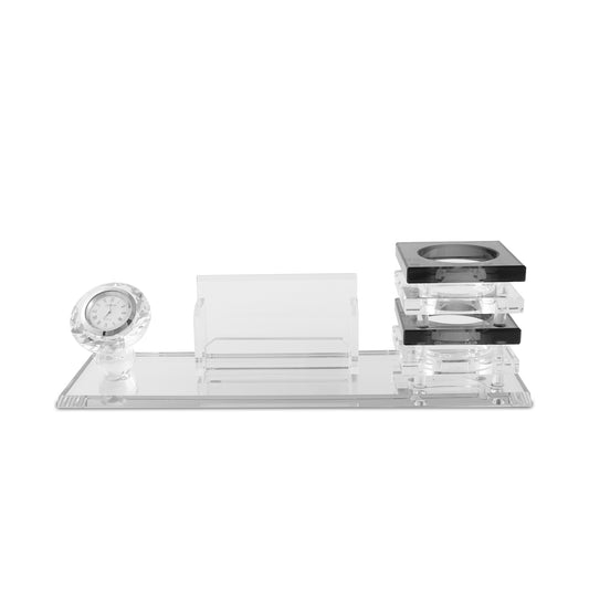 Crystal Desk Organizer with Clock, Business Card Holder & Coasters – Personalized Executive Gift Set