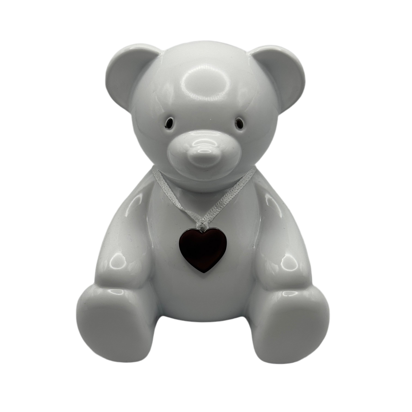 Engraved Teddy Bear Piggy Bank – Personalized White Ceramic Money Box with Heart Pendant for Baby Showers, Birthdays & Keepsakes