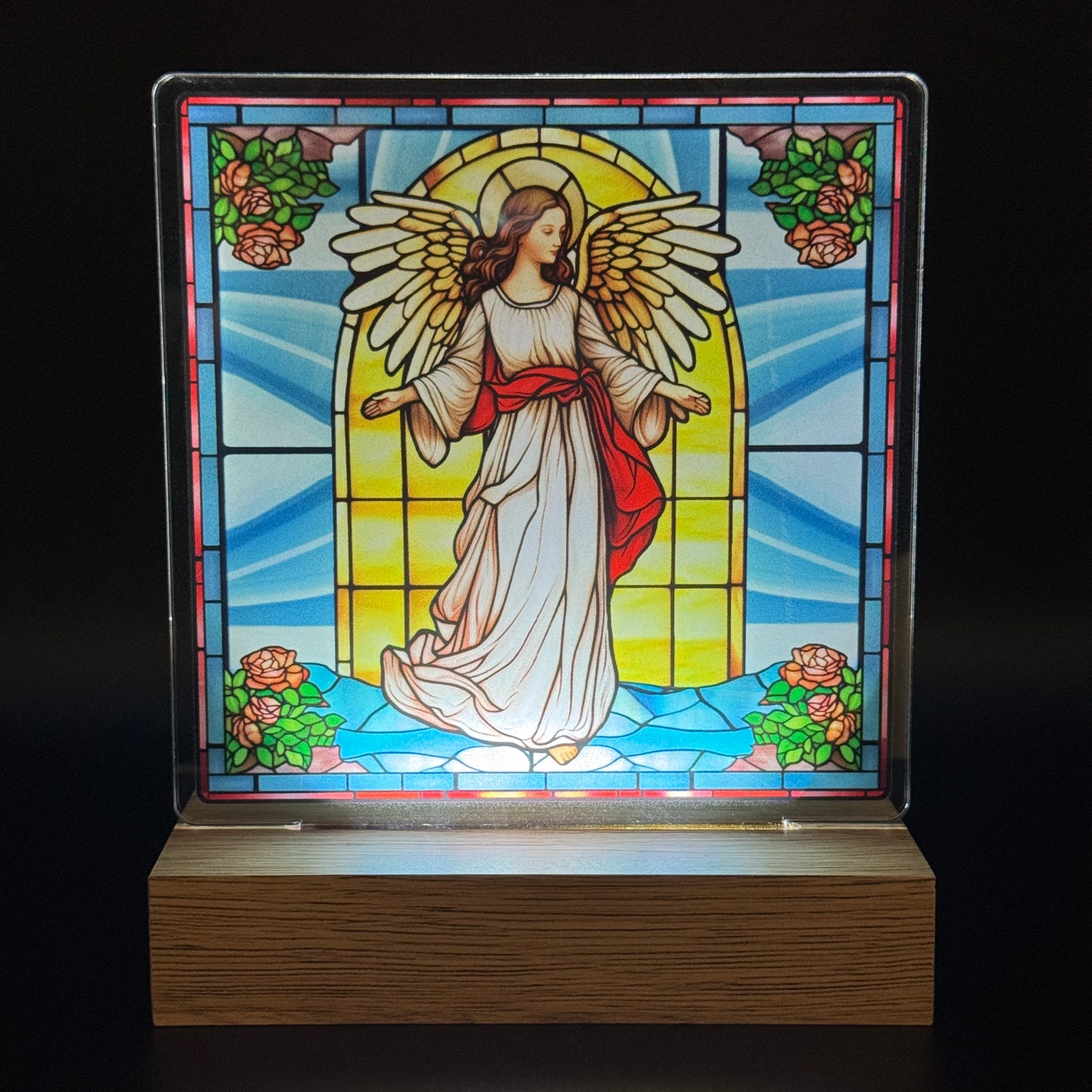 Christmas Gifts Canada – Light-Up Angel Glass Panel with Wooden Base | Personalized Memorial Gift | Custom Engraved Religious Decoration | Spiritual Christmas Gift 2025